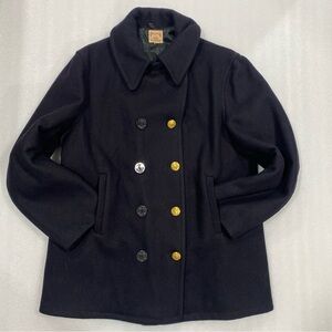 Vintage Men’s Heavy Wool Lined Pea Coat Double Breasted Brass/Plastic Buttons L
